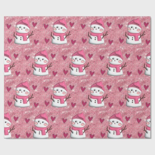 Papier Cadeau Coeurs Snowman rose mignon Nom personnalisé (Plat)
