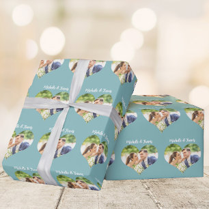 Papier Cadeau Coeurs Turquoises Chic Couple Photo Romantique Per