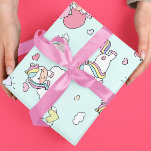 Papier Cadeau Coeurs Unicorne rose Motif Arrière - plan bleu