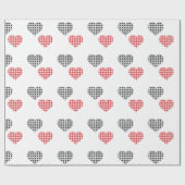 Papier Cadeau Coeurs Valentin rouge et noir plaid sur blanc (Plat)