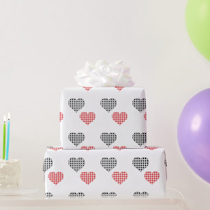 Papier Cadeau Coeurs Valentin rouge et noir plaid sur blanc