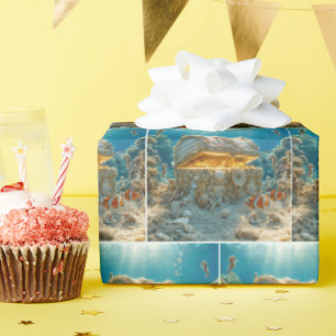 Papier Cadeau Coffre au Trésor de Coquillages Sous l'Eau avec de