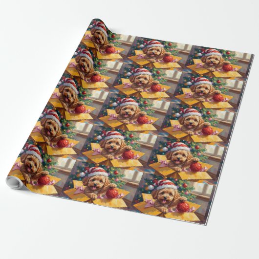 Papier Cadeau Coffret Cadeau de Noël Chien Cockapoo Surprise (Déroulé)