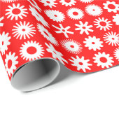 Papier Cadeau Cogs - Blanc sur rouge (Coin rond)