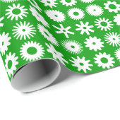 Papier Cadeau Cogs - Blanc sur vert d'herbe (Coin rond)