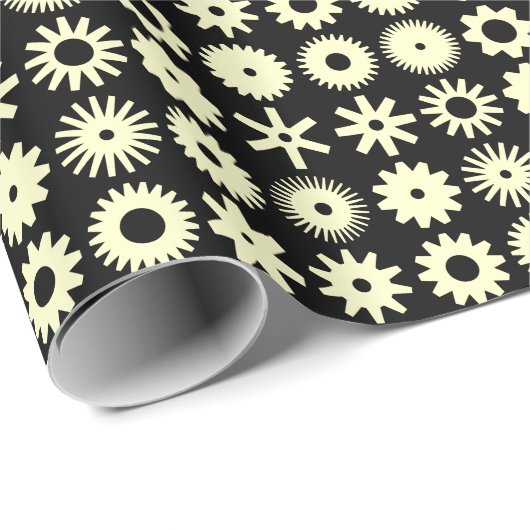 Papier Cadeau Cogs - Jaune pâle sur Noir (Coin rond)