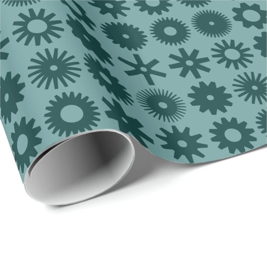 Papier Cadeau Cogs - Moss foncé vert sur Ocean Green (Coin rond)