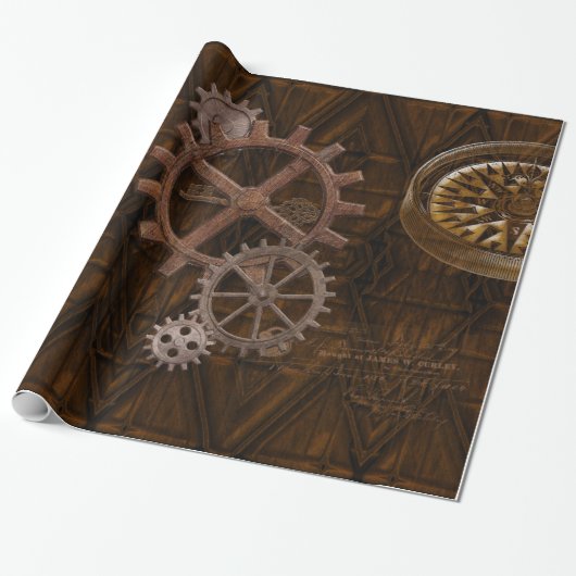 Papier Cadeau Cogs Steampunk, Gears & World Globe Design (Déroulé)