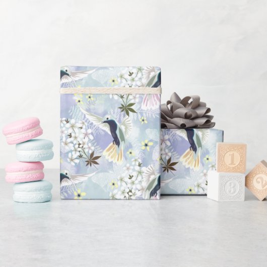 Papier Cadeau Colibri et fleurs blanches (Baby Shower)