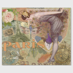 Papier Cadeau Collage Art Déco Paon Flapper Paris Vintage