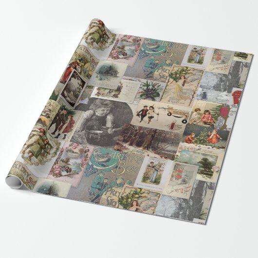 Papier Cadeau Collage de découpage d'objets de Noël anciens (Déroulé)