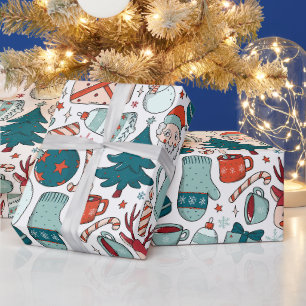 Papier Cadeau Collage de Noël joyeux, arbres de Noël, mitaines