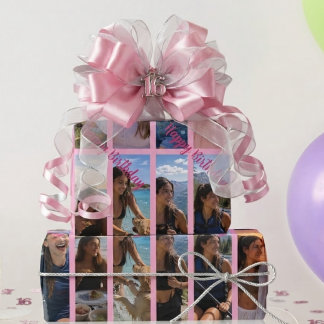 Papier Cadeau Collage de photos verticales rose 16 Joyeux Annive