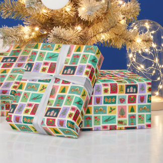 Papier Cadeau Collage de timbres de Noël rétro Motif de vacances