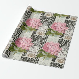 Papier Cadeau Collage d'hortensia rose chic Art damassé vintage