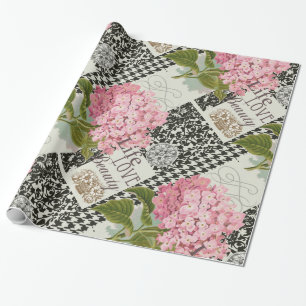 Papier Cadeau Collage d'hortensia rose chic Art damassé vintage