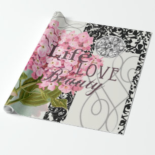 Papier Cadeau Collage d'hortensia rose chic Art damassé vintage