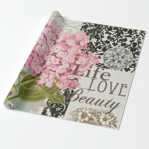 Papier Cadeau Collage d'hortensia rose chic Art damassé vintage