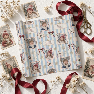 Papier Cadeau Collage photo de bande à rayures bleues vintage
