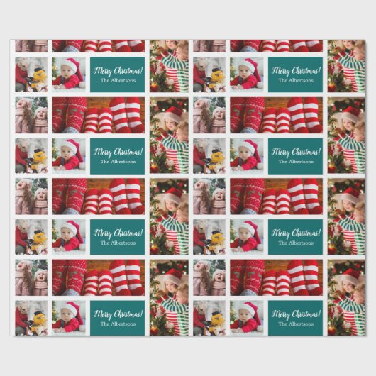 Papier Cadeau Collage photo de Noël 5 avec nom de famille, bleu (Plat)