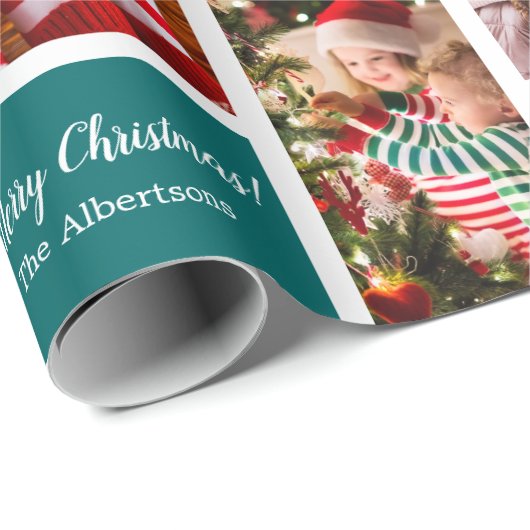 Papier Cadeau Collage photo de Noël 5 avec nom de famille, bleu (Coin rond)