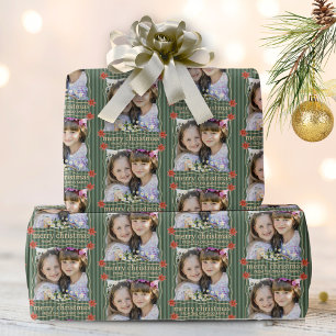 Papier Cadeau Collage photo de Noël rayures vertes