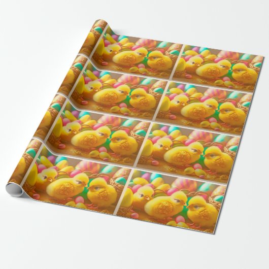 Papier Cadeau Collection 3 Petits Poussins de Pâques Jaunes (Déroulé)