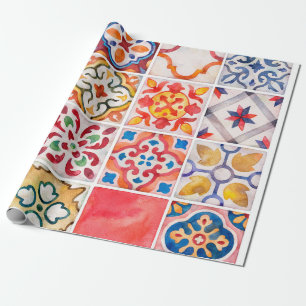 Papier Cadeau Collection de carreaux en céramique aquarelle. vin