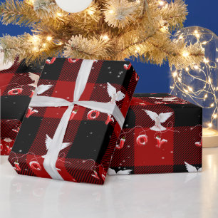 Papier Cadeau Colombe de Noël avec joie sur carreaux