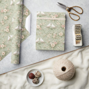 Papier Cadeau Colombes de mariage avec des roses et des rubans