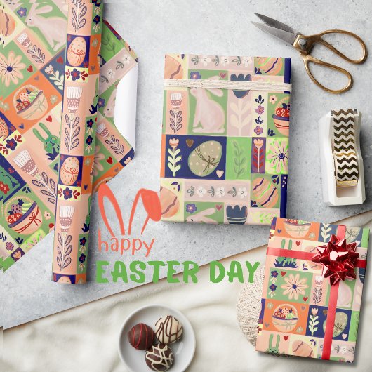 Papier Cadeau Coloré Joyeux Lapin Vert Rose