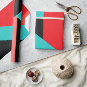 Papier Cadeau Conception Abstraite Audacieuse en Turquoise, Roug