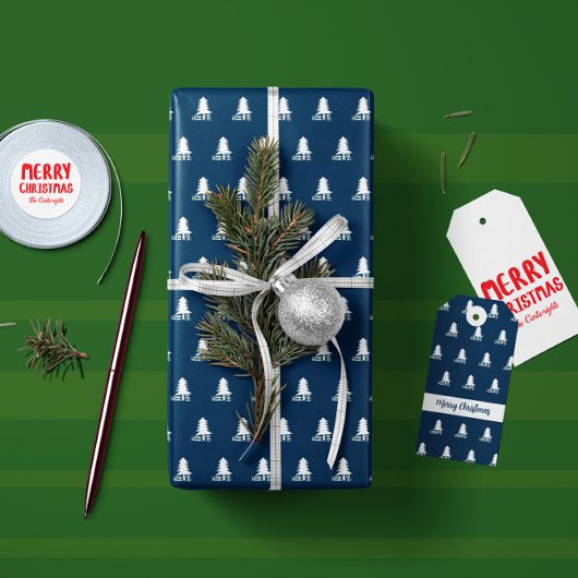 Papier Cadeau Conception d'arbre de Noël bleu foncé et blanc