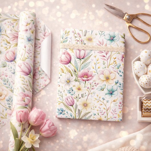 Papier Cadeau Conception de fleurs de Pâques botaniques douces