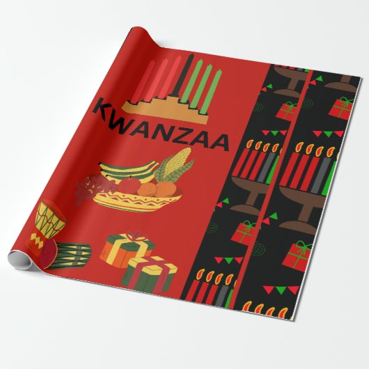 Papier Cadeau Conception de Kwanzaa Festive avec Kinara, Fruits  (Déroulé)