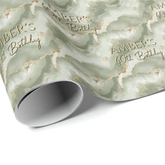 Papier Cadeau Conception de marbre abstrait vert sauge or (Coin rond)