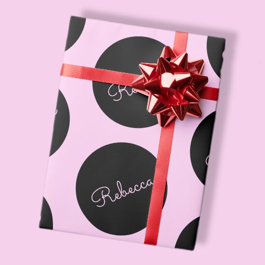 Papier Cadeau Conception de points Polka Noir et Rose rétro-mode