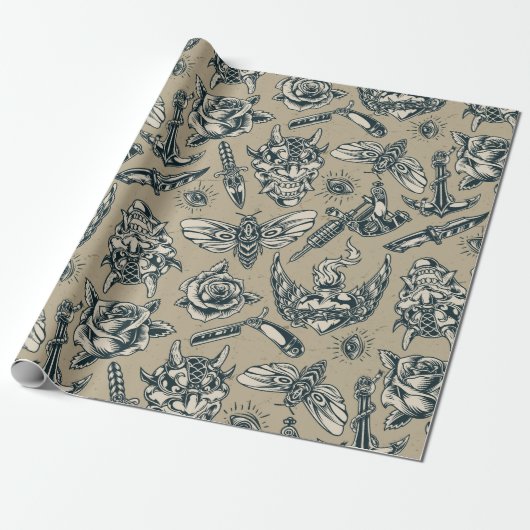 Papier Cadeau Conception de tatouage rétro (Déroulé)