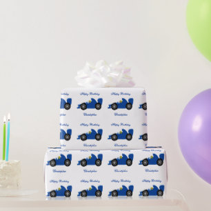 Papier Cadeau Conception de voiture de course bleue cadeau d'ann