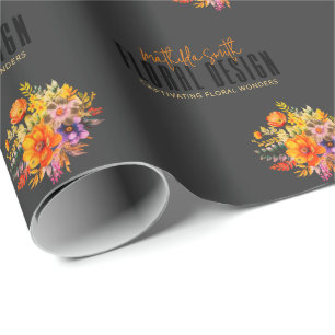Papier Cadeau Conception Florale Sophistiquée Fleurs Noir Orange