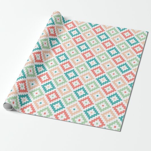 Papier Cadeau Conception géométrique en corail et sarcelle (Déroulé)