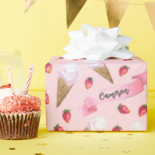 Papier Cadeau Cône de glace à la fraise personnalisé Rose Fille