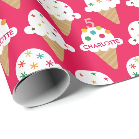 Papier Cadeau Cône de Glace Rose Clair Anniversaire (Coin rond)