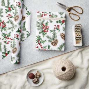 Papier Cadeau Cône de pin festif et cerises Fêtes de Noël 