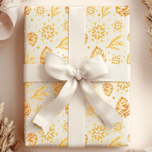 Papier Cadeau Cône de pin rustique doré Noël Christmas