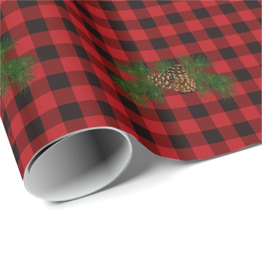 Papier Cadeau cône de pin rustique rouge rouge classique (Coin rond)