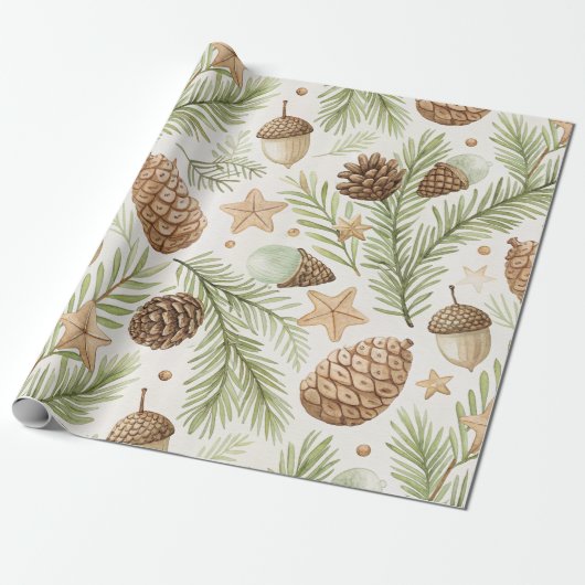 Papier Cadeau Cône de pin vert naturel or marron (Déroulé)
