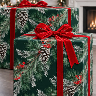 Papier Cadeau Cônes de pin blanc Épicéa argent Berries rouges Gu