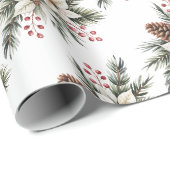 Papier Cadeau Cônes de pin de Noël Branches fleurs houx baie (Coin rond)