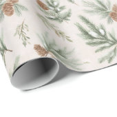 Papier Cadeau Cônes de pin de Noël marron vert crème (Coin rond)